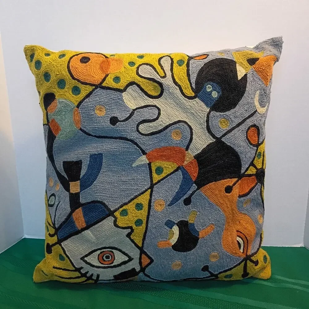 Miro Style Crewel Embroidery Cushion Cover Abstract Mid Century Modern Accent